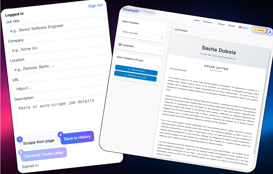 Instant cover letter generation interface